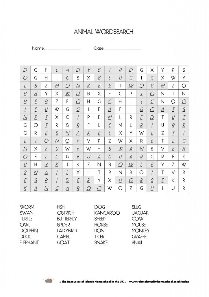 Animal Wordsearch Answer pre