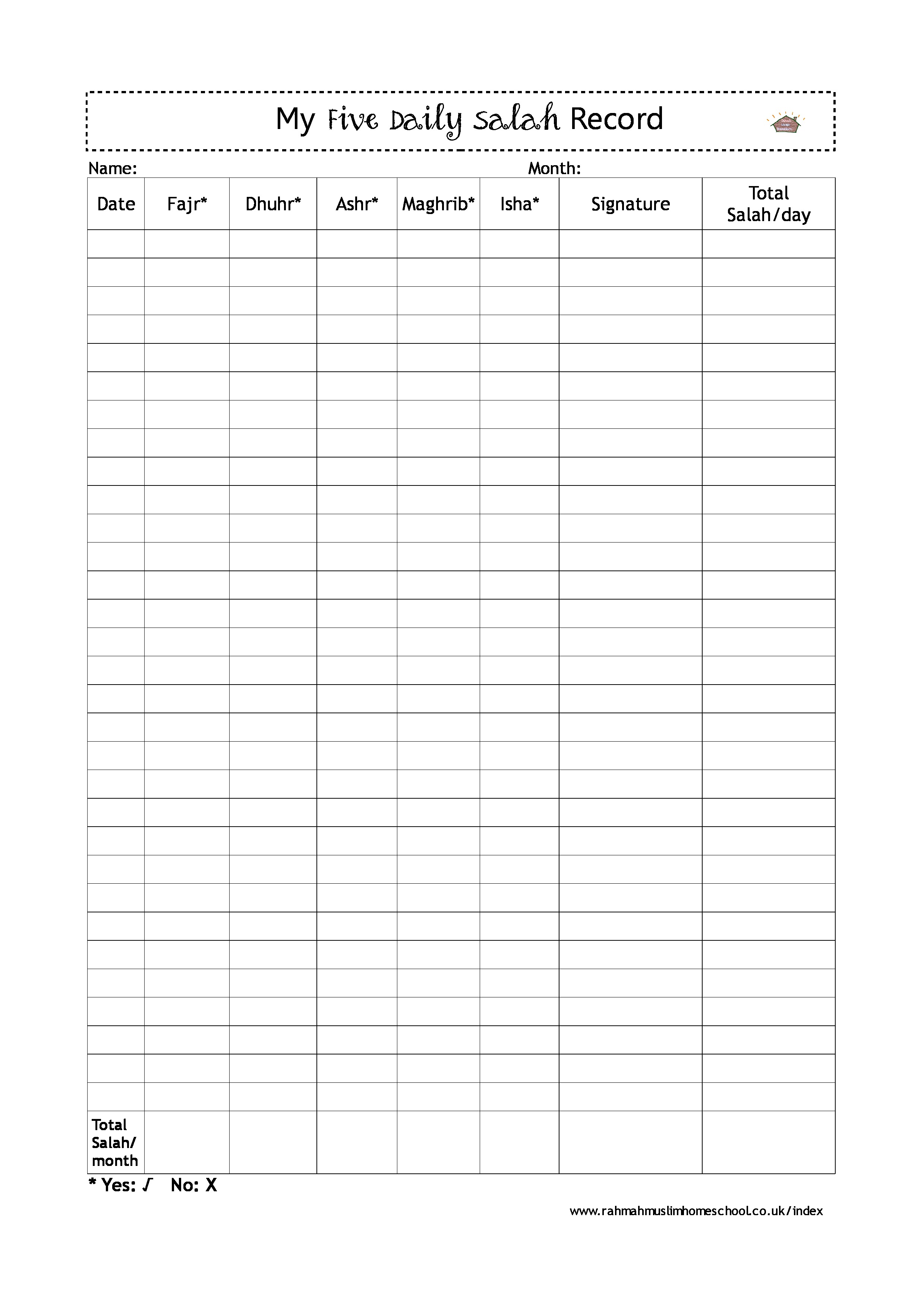 Monthly Prayer Chart