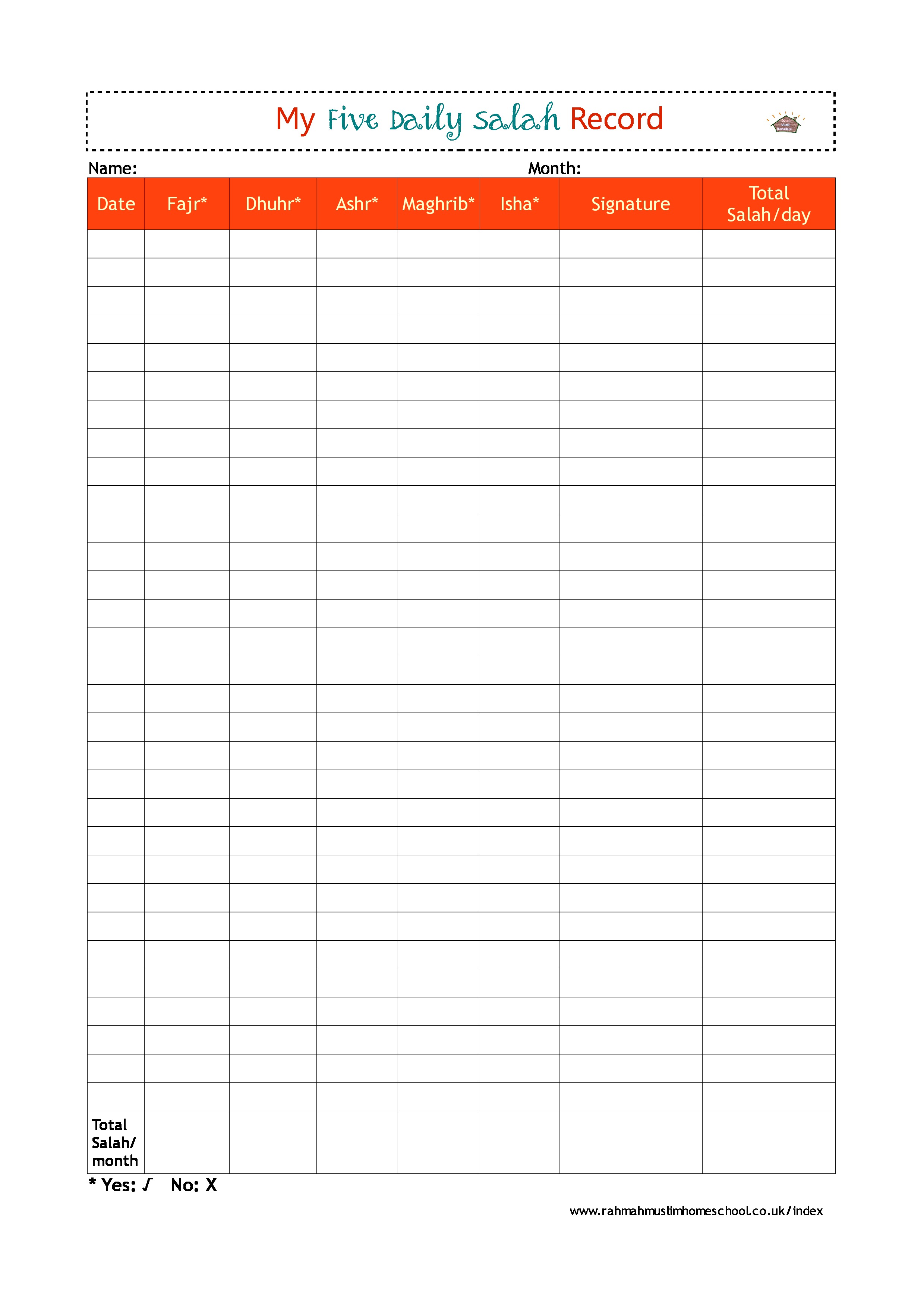 Monthly Salah Chart