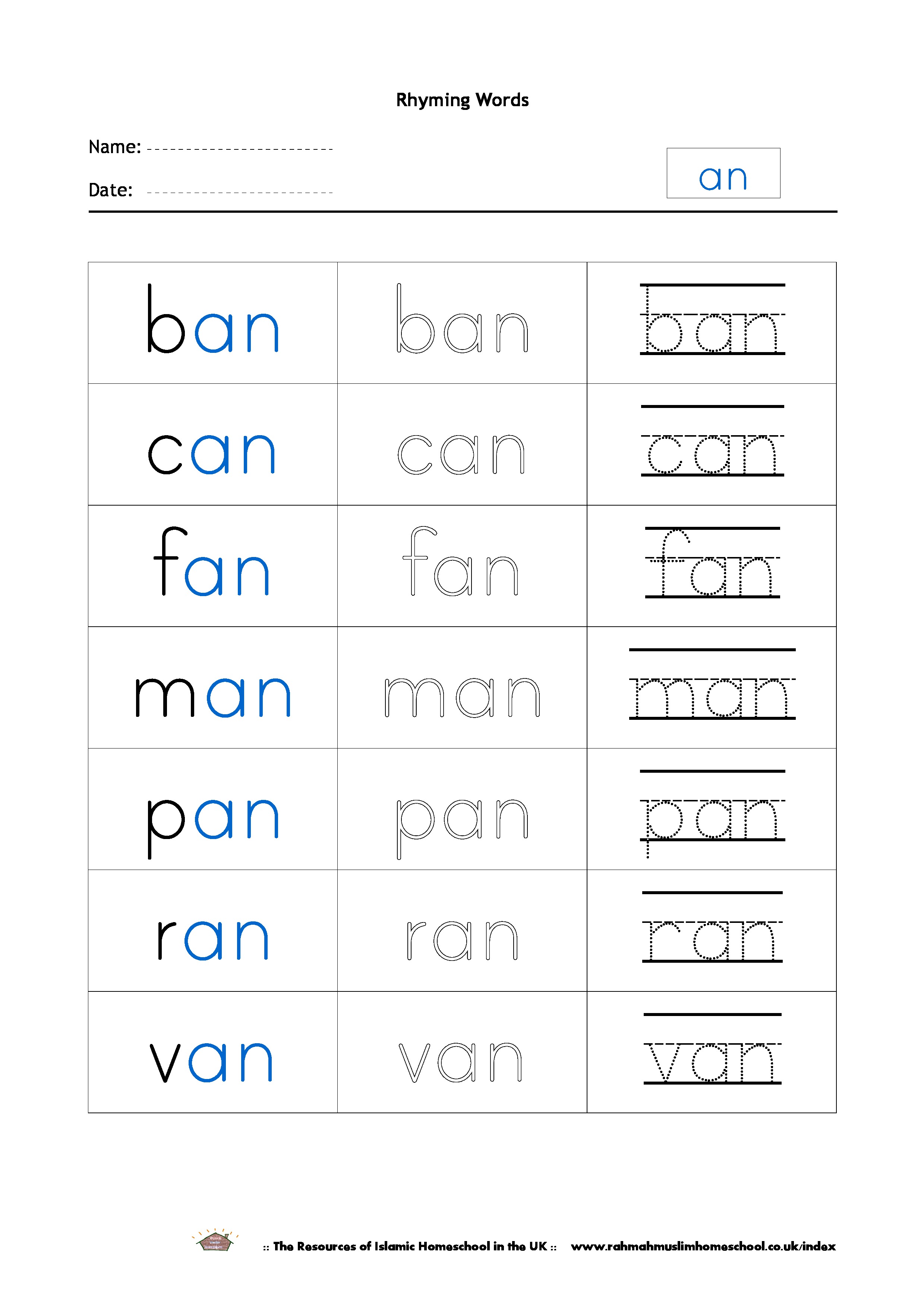 Free Rhyming Words Worksheet "an" | The Resources of ...