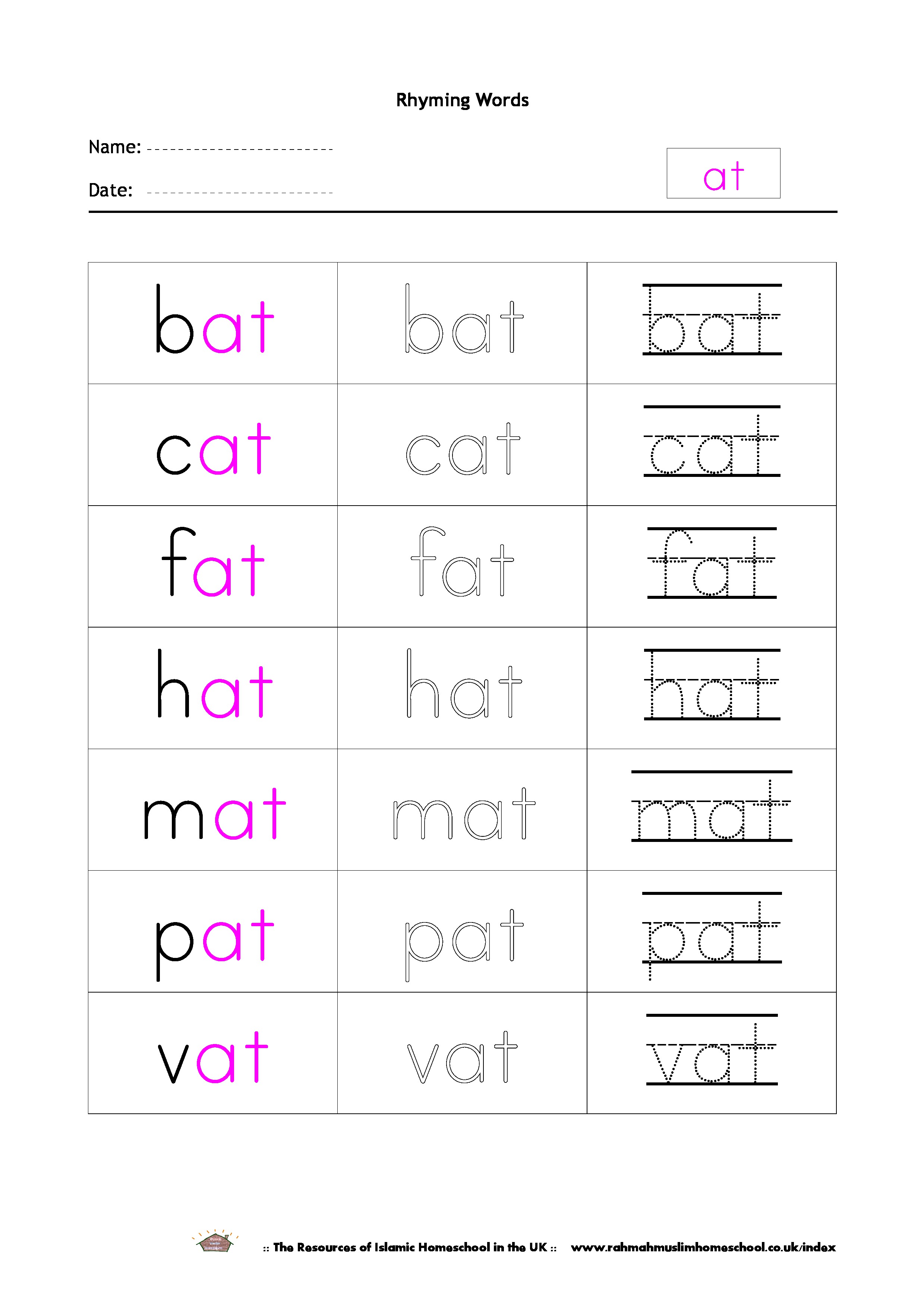 Free Rhyming Words Worksheet "at" | The Resources of ...