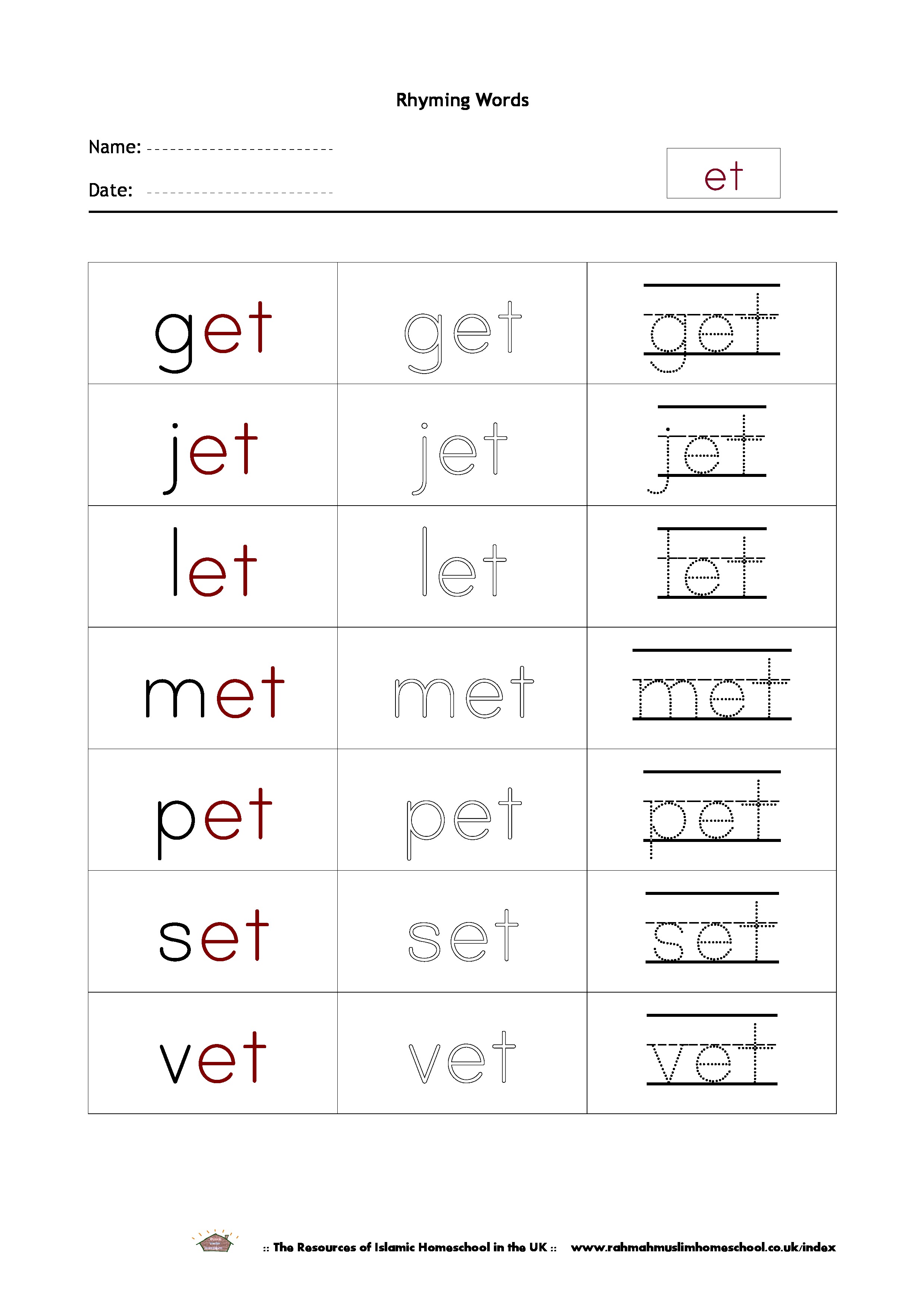 Free Rhyming Words Worksheet Et The Resources Of Islamic Homeschool In The Uk