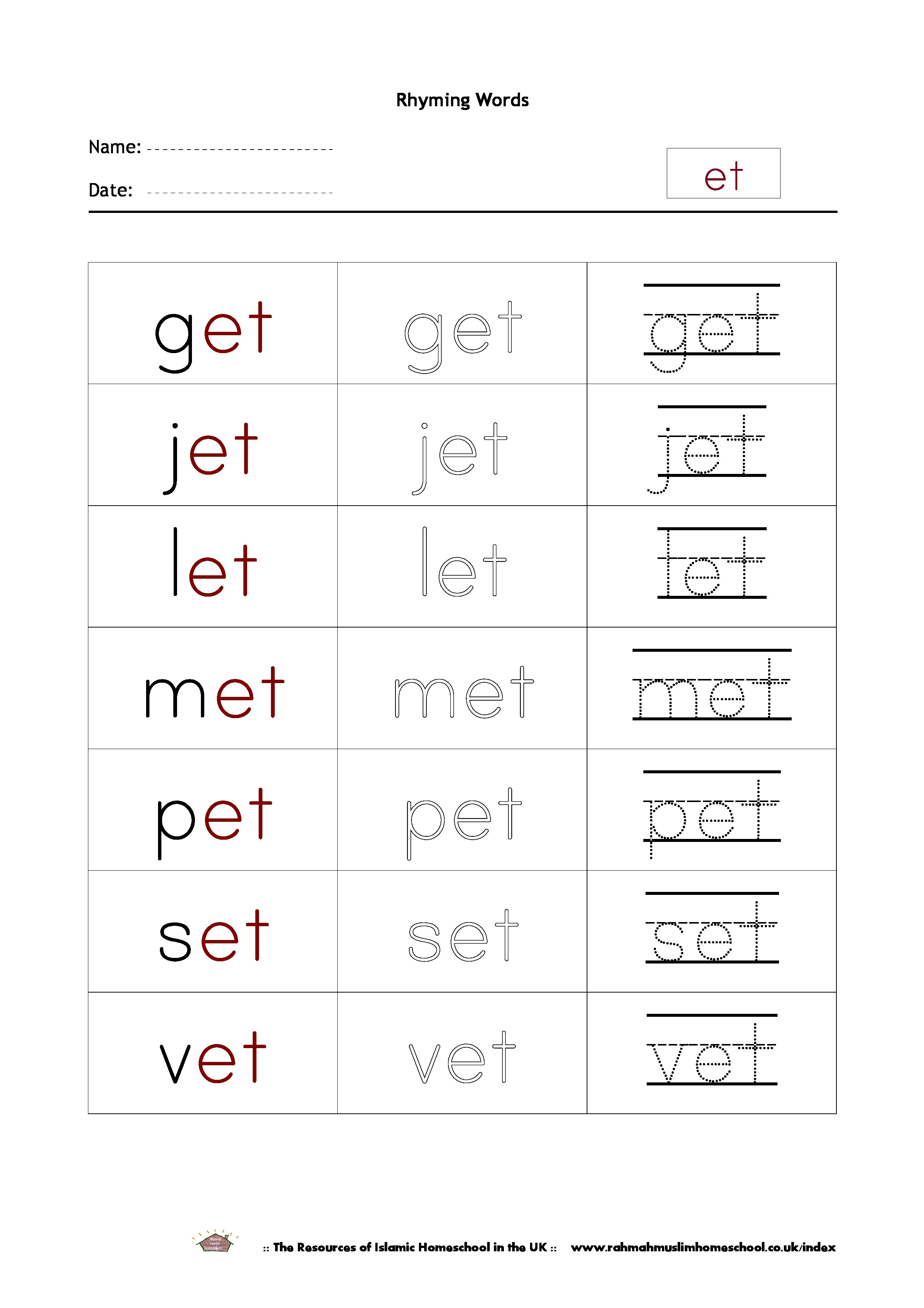 Free Rhyming Words Worksheet et The Islamic Home Education Resources